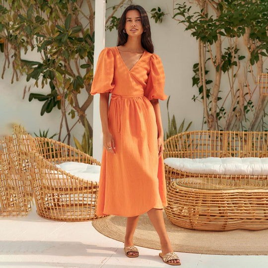 Damen Lässiges Leinenkleid mit Ballonärmeln und Tailliertem Gürtel R&B