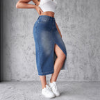 Damen Denim-Midirock mit hohem Schlitz und fransigem Saum R&B
