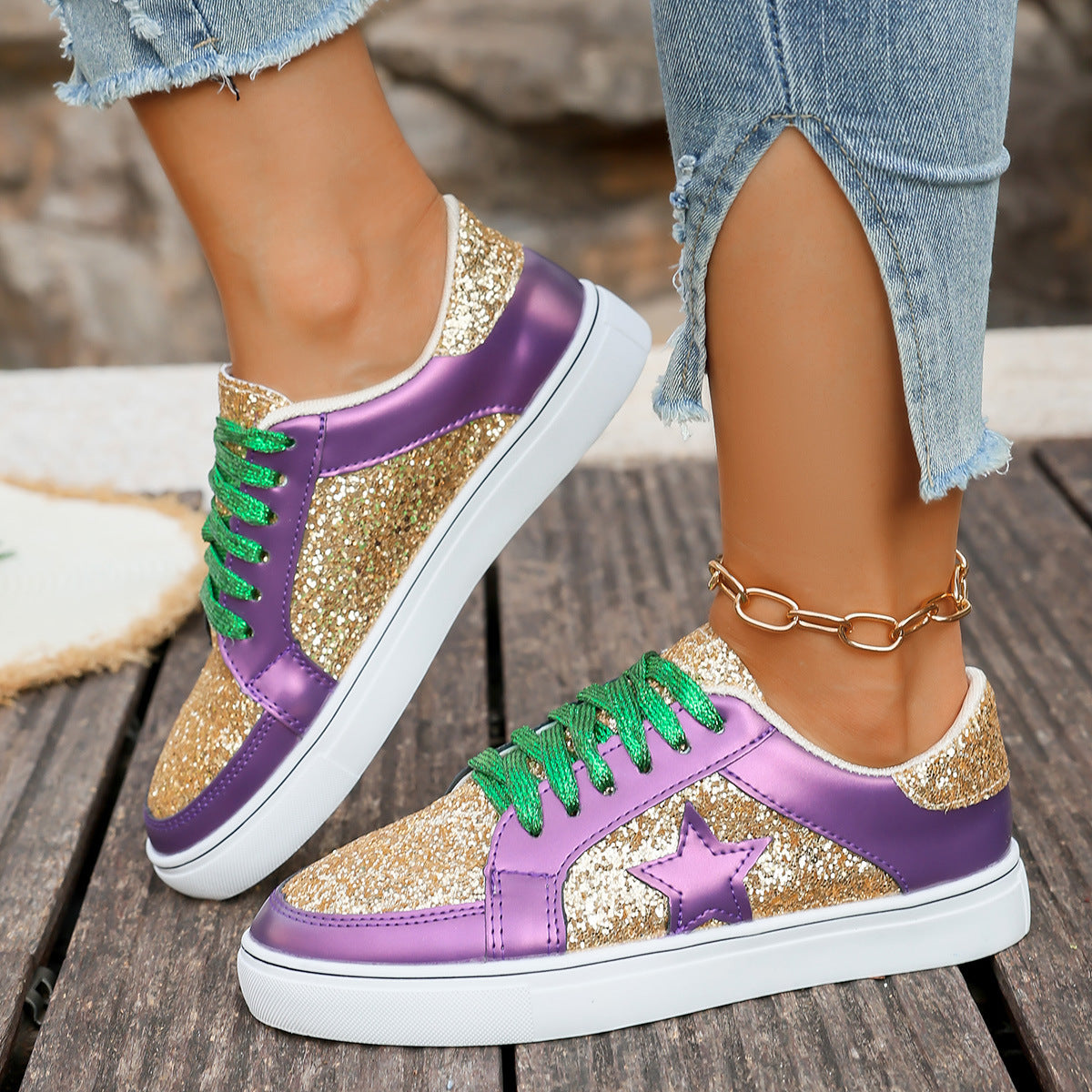 Damen Glitzernde Sneaker mit bunten Schnürsenkeln und weicher Sohle R&B