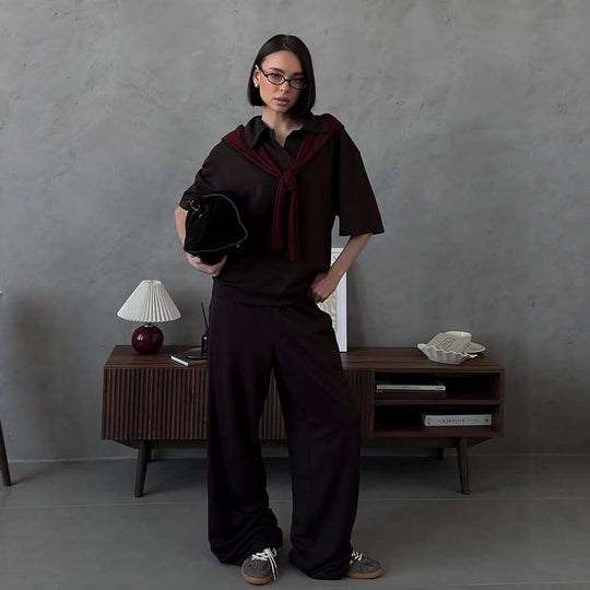 Damen elegantes Set mit übergroßem Kragen und weiten Hosen R&B