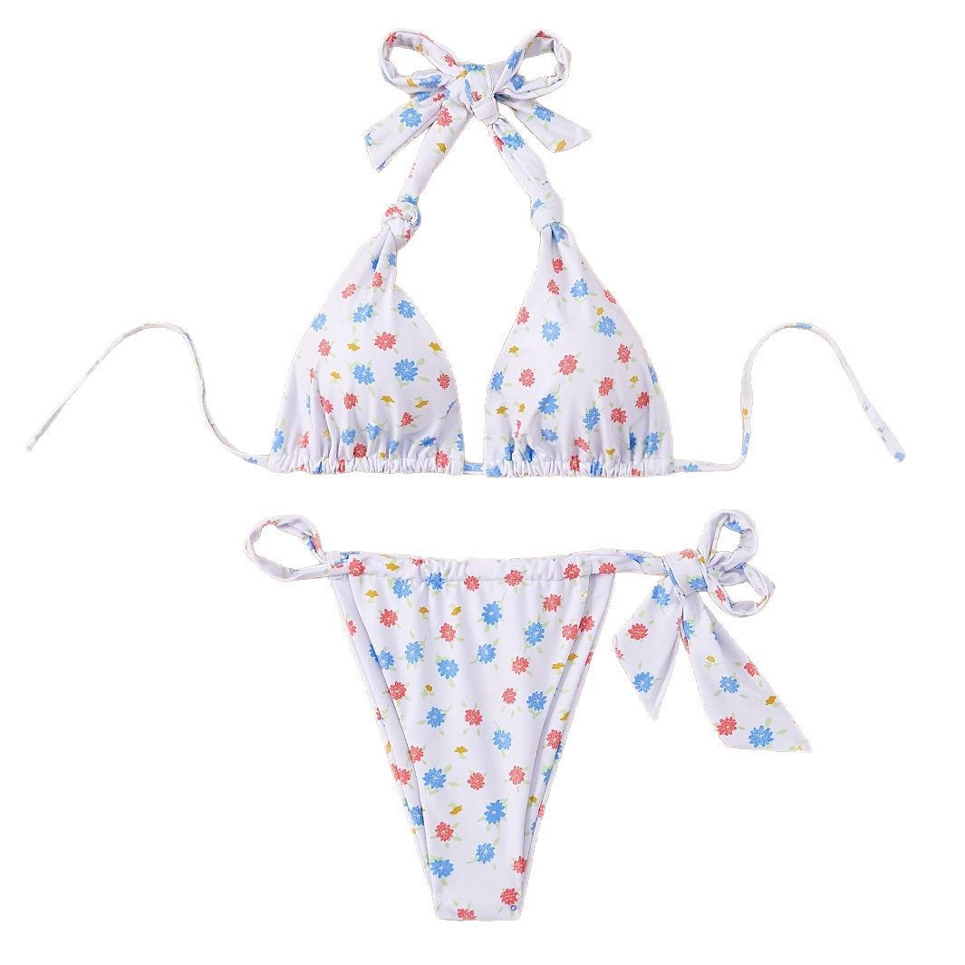 Damen Floral gemusterter Triangel-Bikini mit verspieltem Bindeband R&B