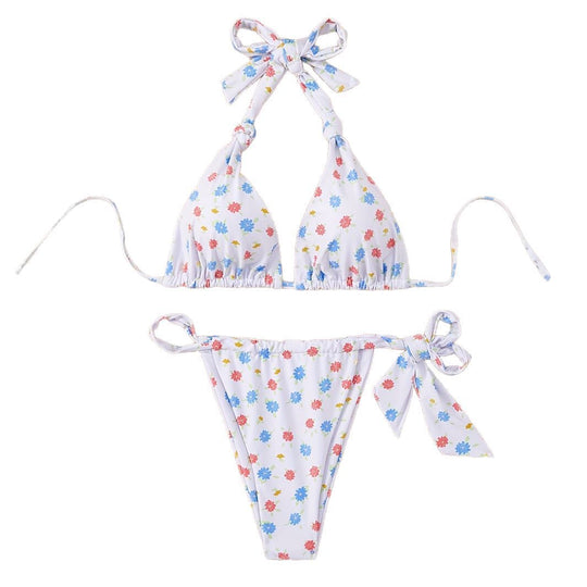 Damen Floral gemusterter Triangel-Bikini mit verspieltem Bindeband R&B