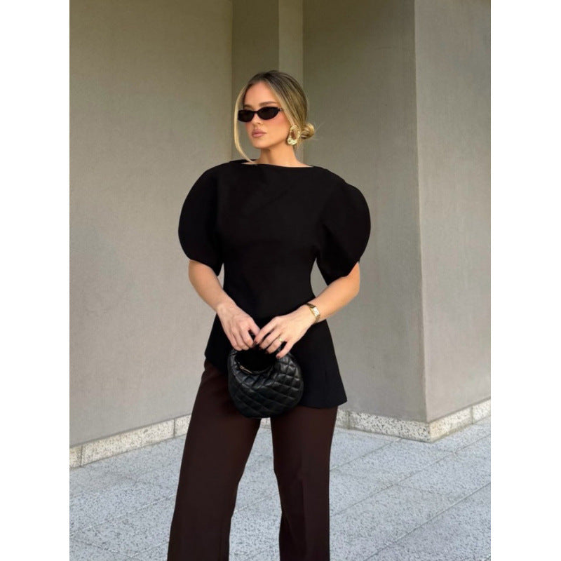 Damen Bluse mit voluminösen Puffärmeln und asymmetrischem Saum R&B