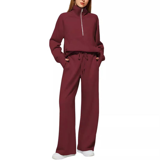 Damen Freizeit Sweatpants-Anzug mit hohem Kragen und Kängurutasche R&B
