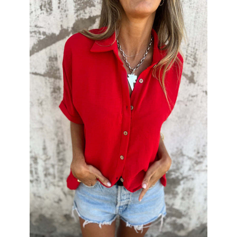Damen lässige Kurzarmbluse mit Knopfdetails und Rollkragen R&B