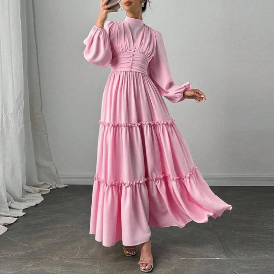 Damen Maxikleid mit eleganten Rüschendetails und gerafftem Oberteil R&B