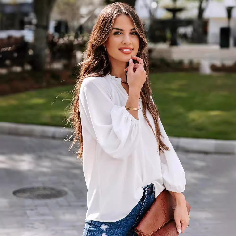 Damen elegante Bluse mit V-Ausschnitt R&B