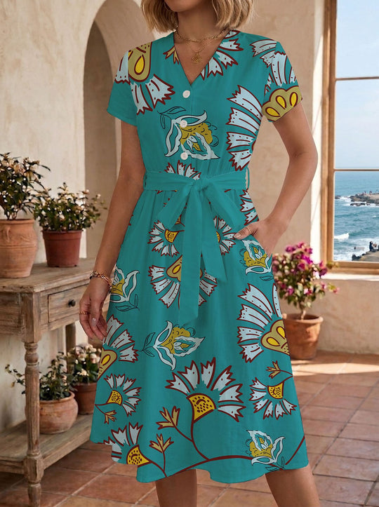 Damen Sommerliches Kleid mit taillierbarem Bindegürtel und floralem Muster R&B