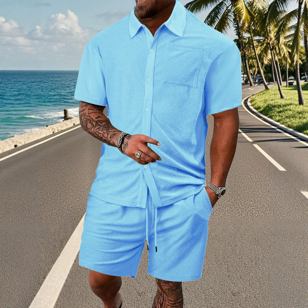 Herren nan durchgeknöpftes Freizeitset mit Hemdkragen Fischgrätstruktur Brusttasche und Kordelzug-Bermuda R&B
