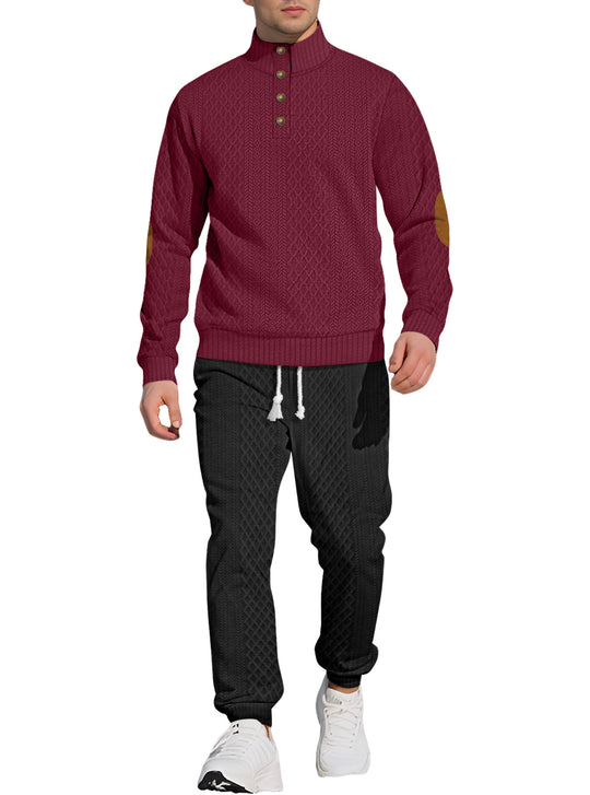 Herren nan strukturiertes Strick-Freizeitset mit Halbknopf-Stehkragen Wildleder-Ellbogenpatches und Kordelbund-Jogger R&B