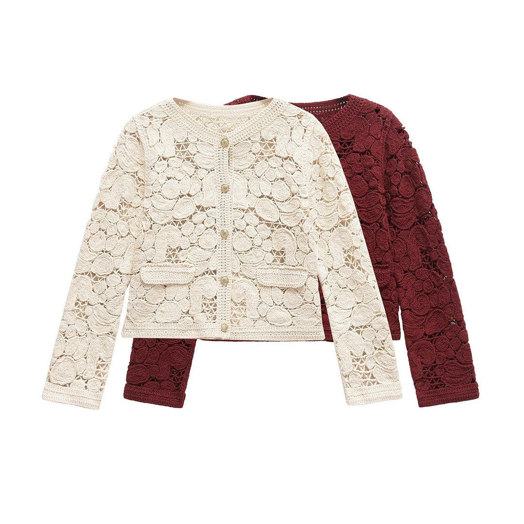 Damen Strickjacke Aus Feiner Spitze mit Dekorativen Knopfdetails und Eleganter Silhouette R&B