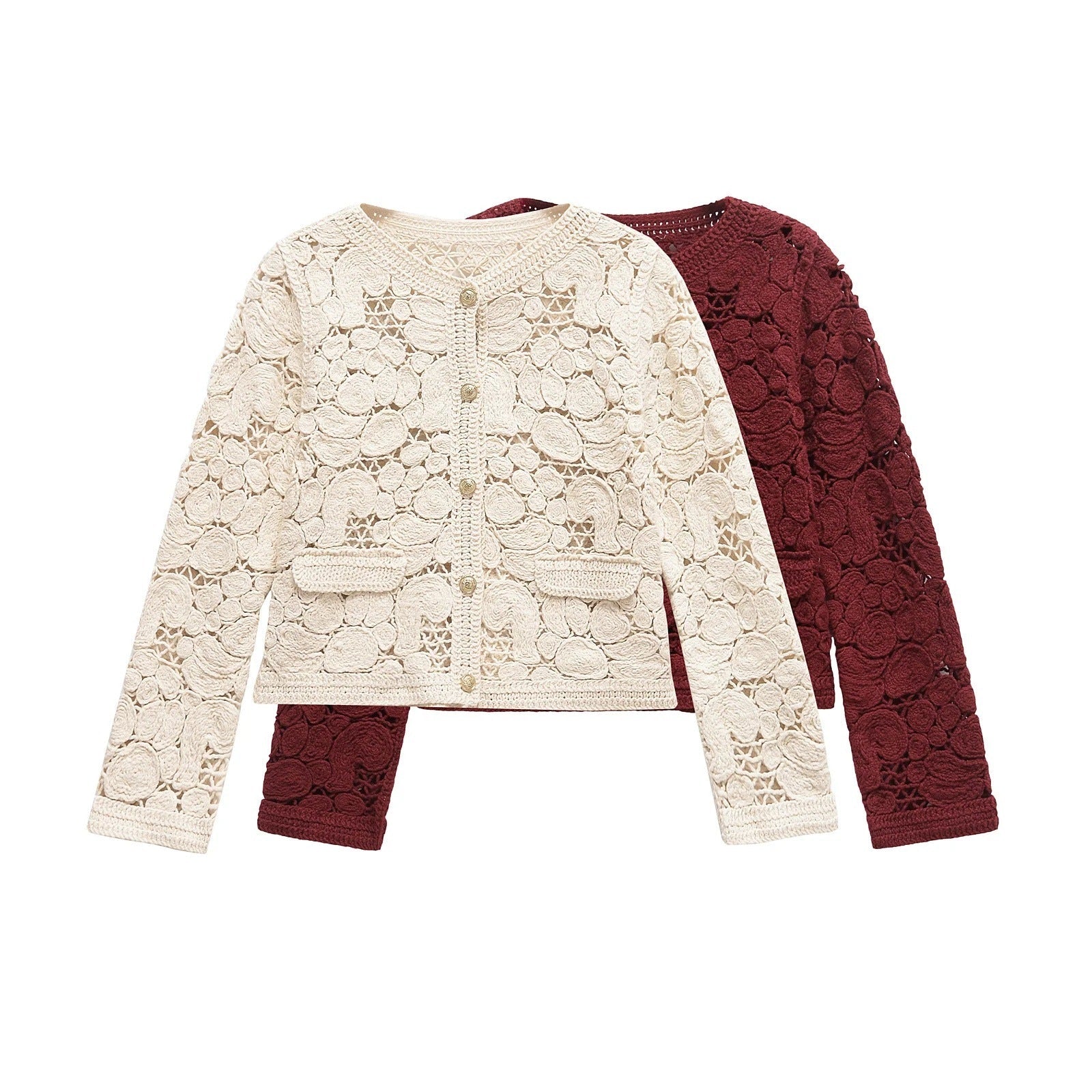 Damen Strickjacke Aus Feiner Spitze mit Dekorativen Knopfdetails und Eleganter Silhouette R&B