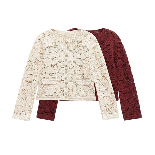 Damen Strickjacke Aus Feiner Spitze mit Dekorativen Knopfdetails und Eleganter Silhouette R&B