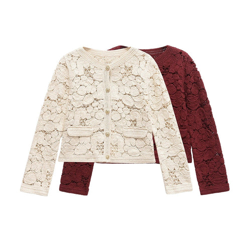 Damen Strickjacke Aus Feiner Spitze mit Dekorativen Knopfdetails und Eleganter Silhouette R&B