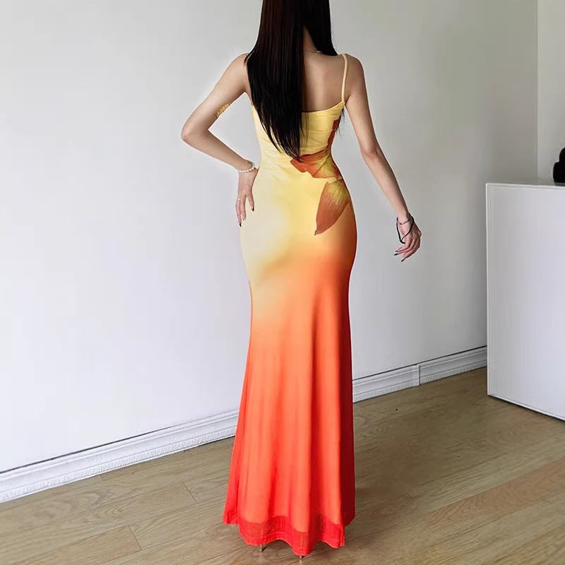 Damen figurbetontes Abendkleid mit Spaghettiträgern und Farbverlauf R&B
