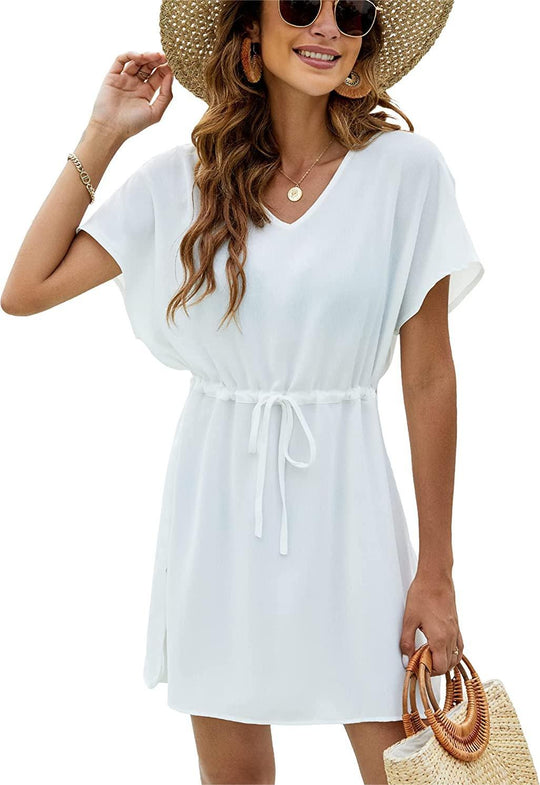 Damen Freizeit V-Ausschnitt Kordelzug Mini Kleid R&B