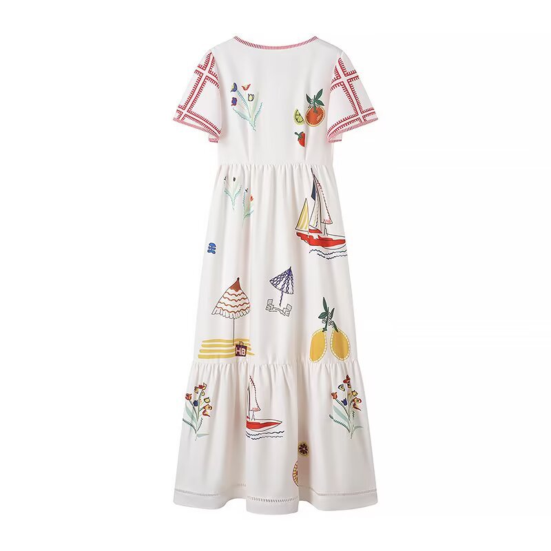 Damen Sommerkleid mit buntem Stickdesign und lockerem Schnitt R&B