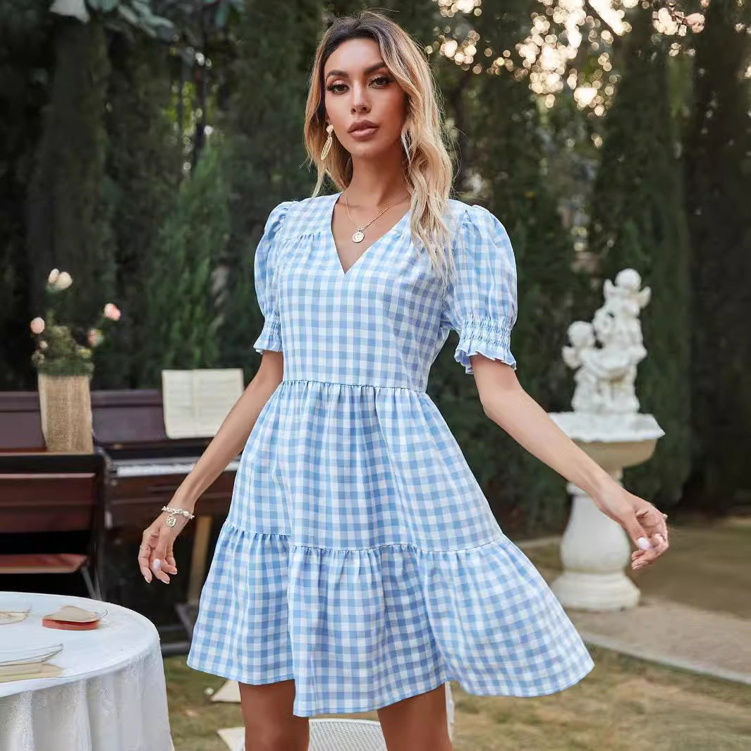 Damen Gingham-Kleid mit Volant und Puffärmeln R&B