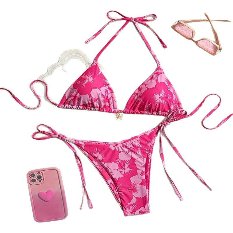 Damen Triangel-Bikini mit floralen Mustern und verstellbaren Bindändern