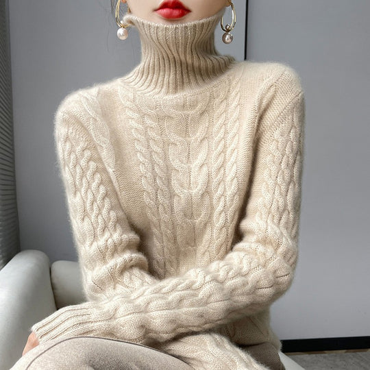 Damen Grobstrickpullover mit hohem Kragen und strukturiertem Zopfmuster R&B