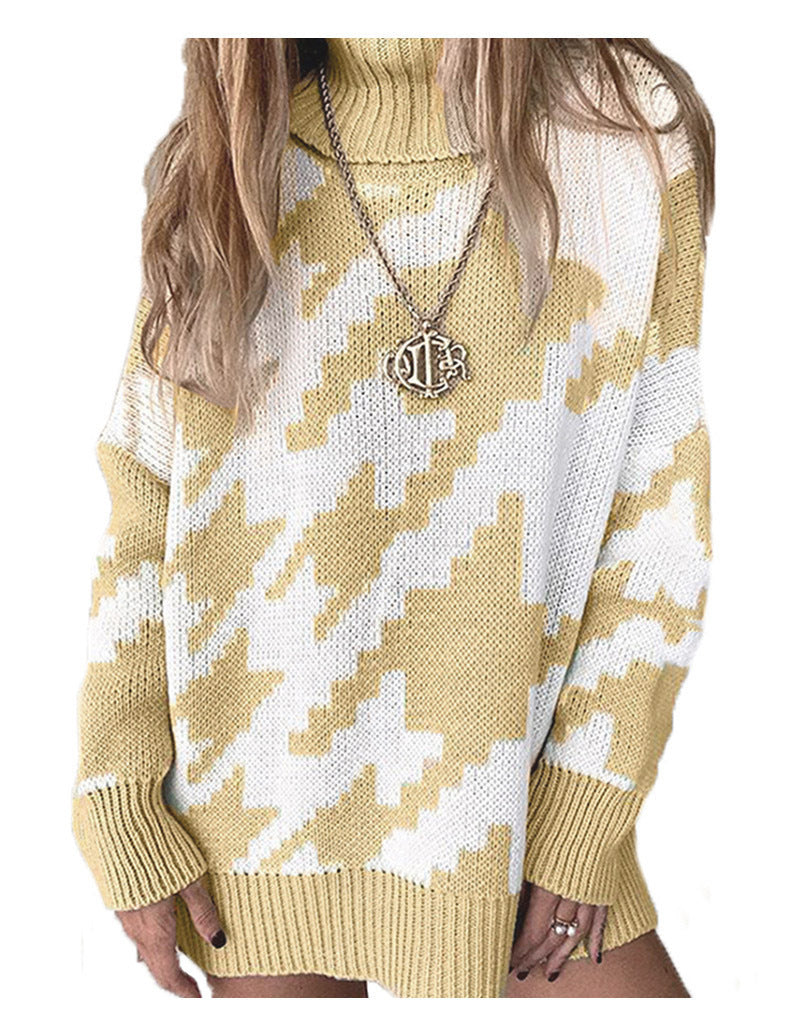 Damen Grobstrickpullover mit hohem Kragen und modernem geometrischen Muster R&B
