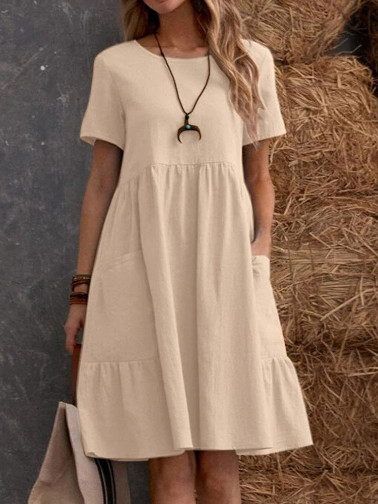 Damen Lockeres Baumwollkleid mit Taschen und Volant R&B