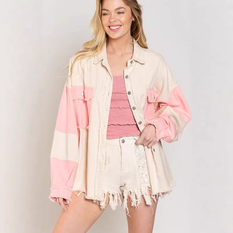 Damen Oversized Denim Jacke mit einzigartigen Farbblöcken und fransigen Details R&B