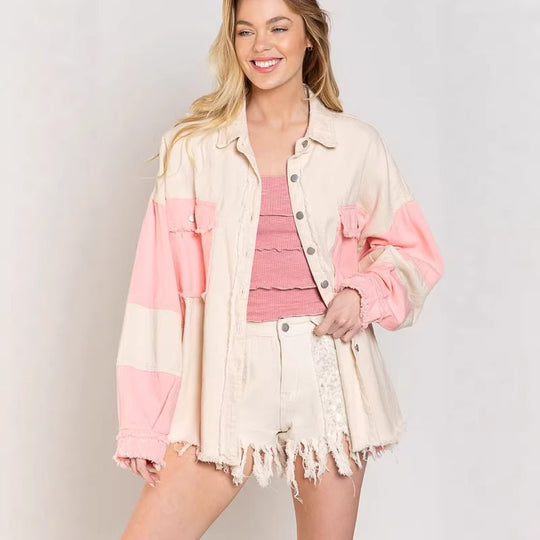 Damen Oversized Denim Jacke mit einzigartigen Farbblöcken und fransigen Details R&B