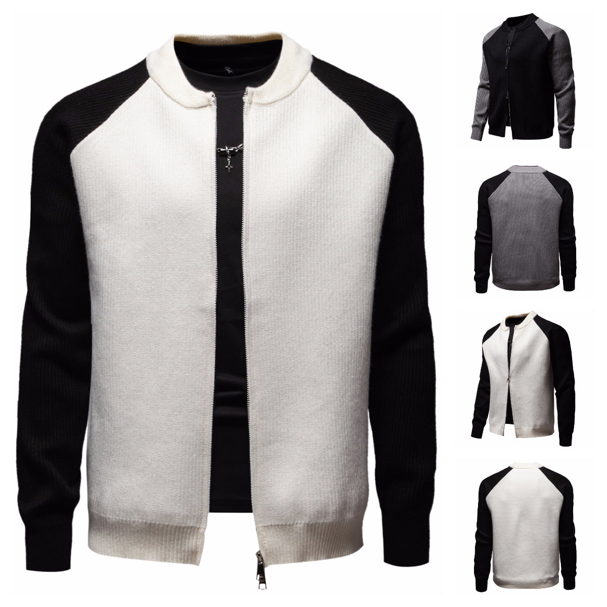 Herren modische Strickjacke mit durchgehendem Reißverschluss und kontrastierenden Ärmelstrukturen
