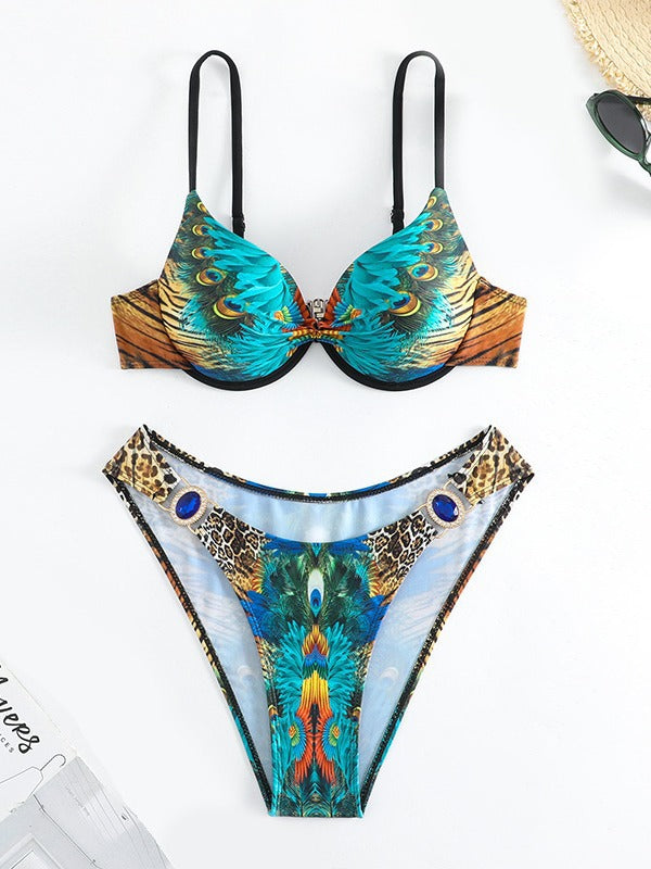 Damen Triangel-Bikini mit extravagantem Federdesign und funkelnden Akzenten R&B