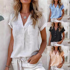 Damen Kurzarm Leinenbluse mit Knopfdetails R&B