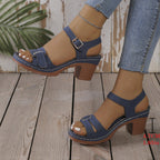 Damen modische Sandaletten mit eleganter Schnalle und Holz-Blockabsatz R&B