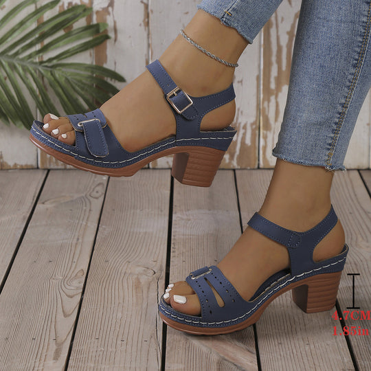 Damen modische Sandaletten mit eleganter Schnalle und Holz-Blockabsatz R&B