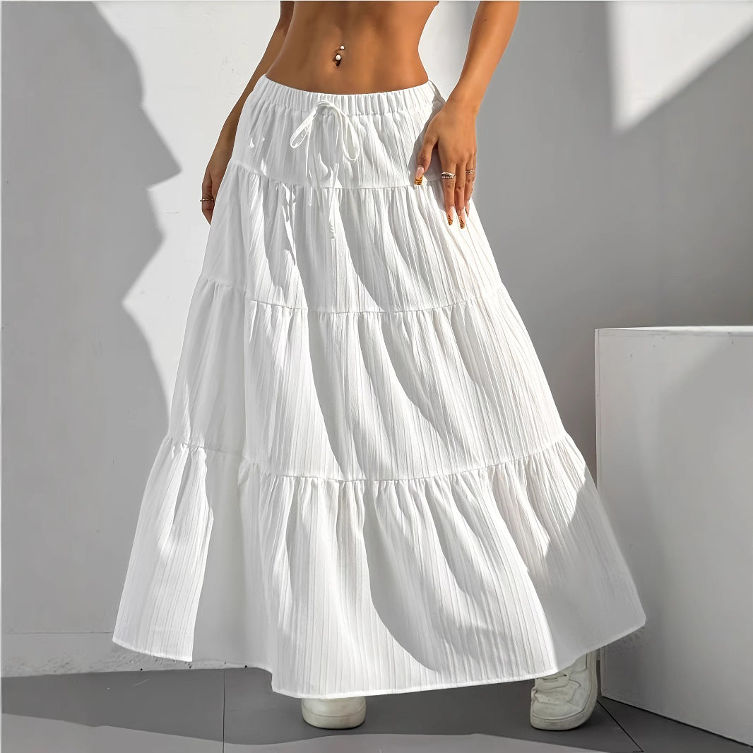 Damen Langer Faltenrock mit Taillenkordel und gestuftem Design R&B