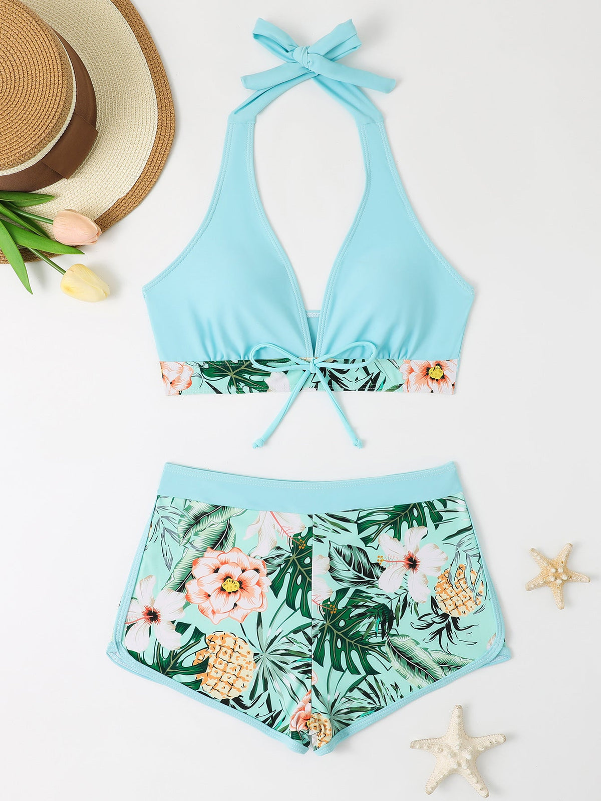 Damen Bikini-Set mit floralem Muster und herausnehmbarem Push-Up-BH R&B
