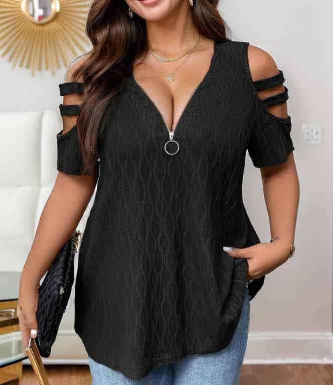 Damen modisches Halbarmshirt mit Reißverschluss R&B