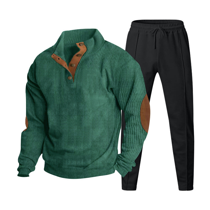 Herren nan gerippter Henley-Freizeitanzug mit dekorativer Knopfleiste und Wildleder-Ellenbogenpatch konisch geschnittene Jogginghose R&B