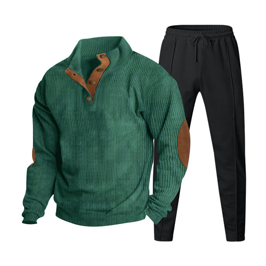 Herren nan gerippter Henley-Freizeitanzug mit dekorativer Knopfleiste und Wildleder-Ellenbogenpatch konisch geschnittene Jogginghose R&B