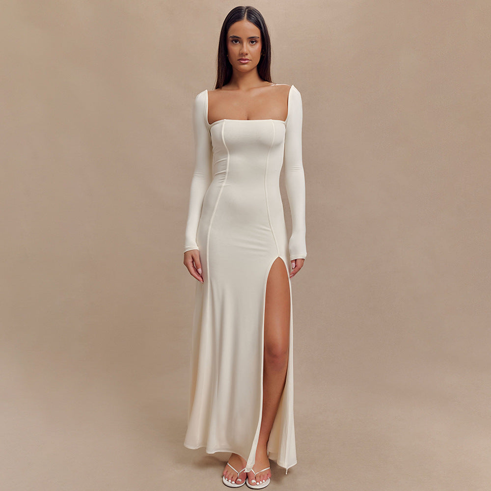 Damen Elegantes Maxikleid mit tiefem Schlitz und langen Ärmeltechnik R&B