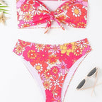 Damen Bandeau Bikini mit modischem Blumenmuster und verspieltem Knotendetail R&B