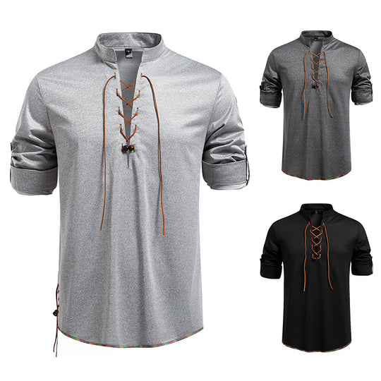 Herren Langarmshirt mit Kordelzug und Stehkragen R&B