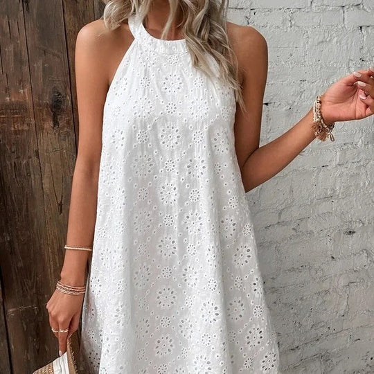 Damen luftiges Sommerkleid mit hohem Hals und femininen Details R&B