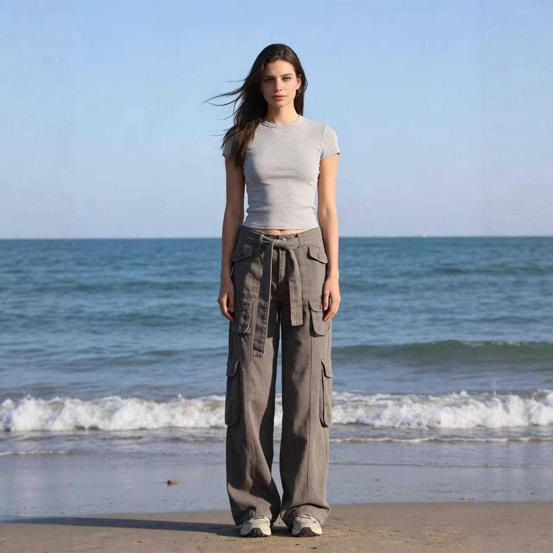 Damen modische weite Cargo-Hosen mit Gürtel und Taschen R&B
