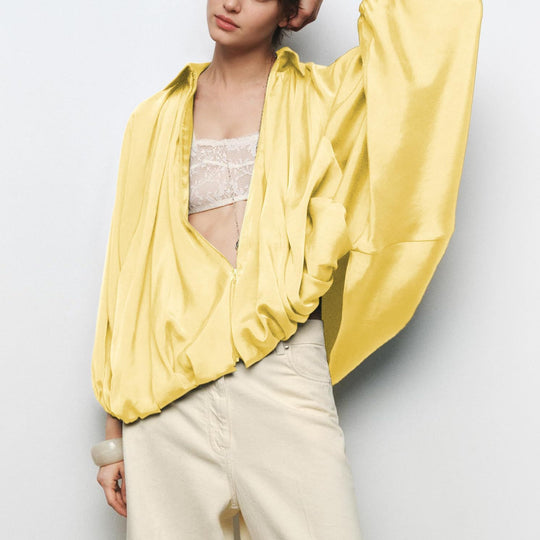 Damen leichte Satinjacke mit tiefem V-Ausschnitt und elastischen Bündchen R&B