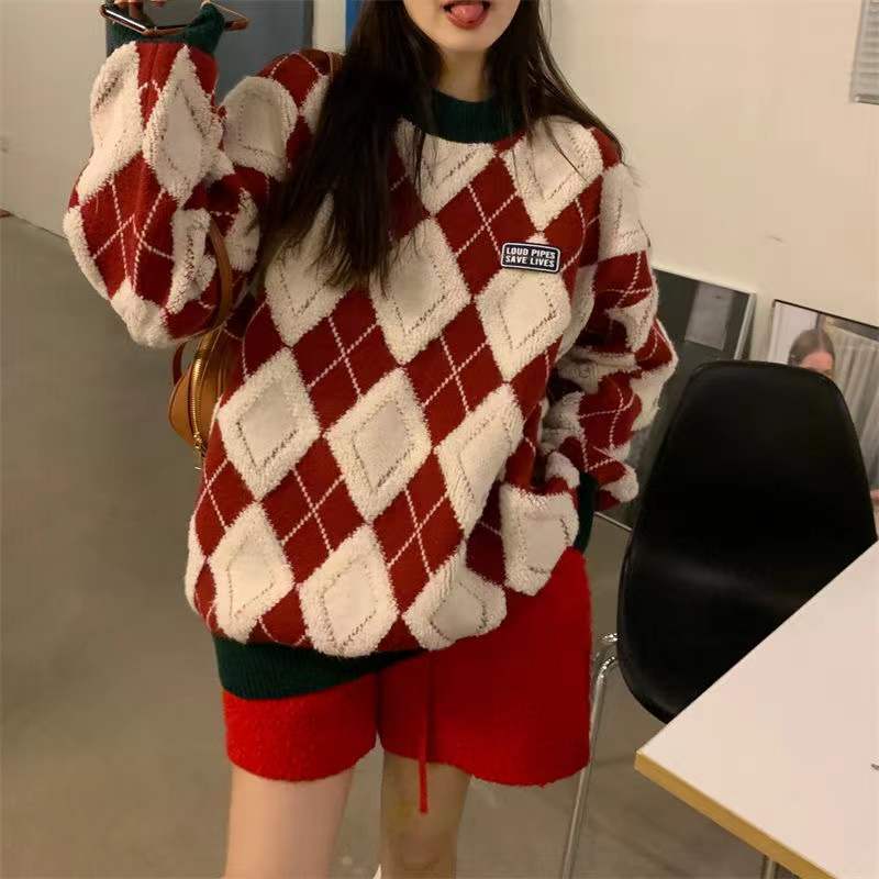 Damen Flauschiger Pullover mit modernem Rhombenmuster und lässigem Schnitt R&B