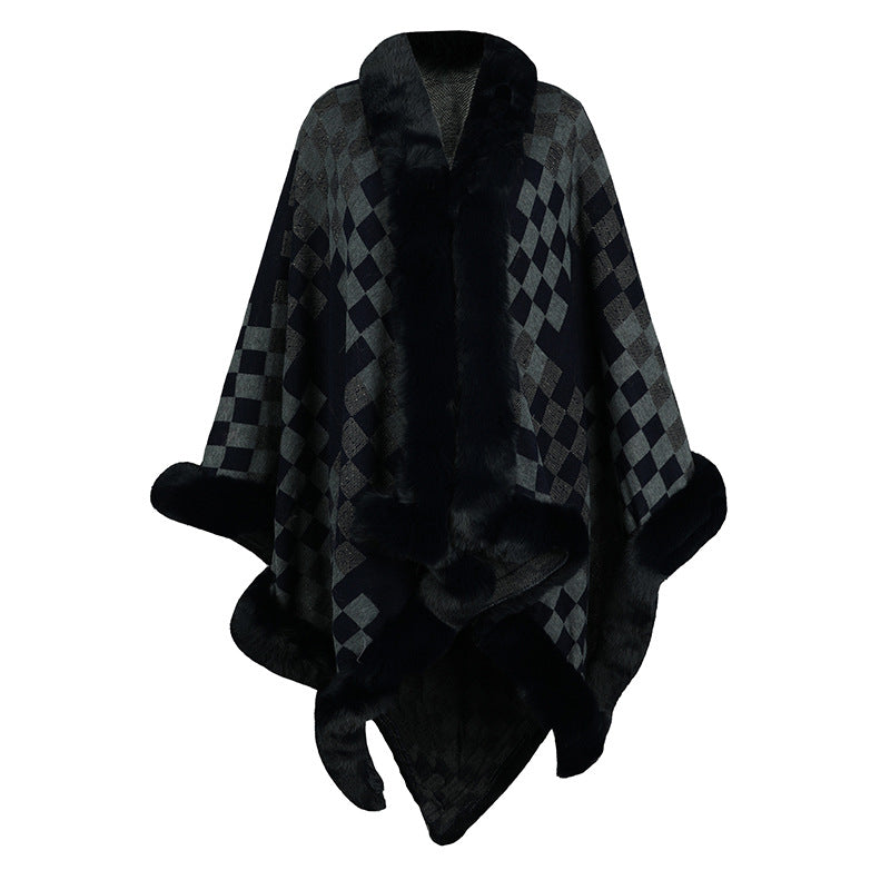 Damen eleganter Strickponcho mit luxuriösem Kunstfellbesatz und geometrischem Muster R&B