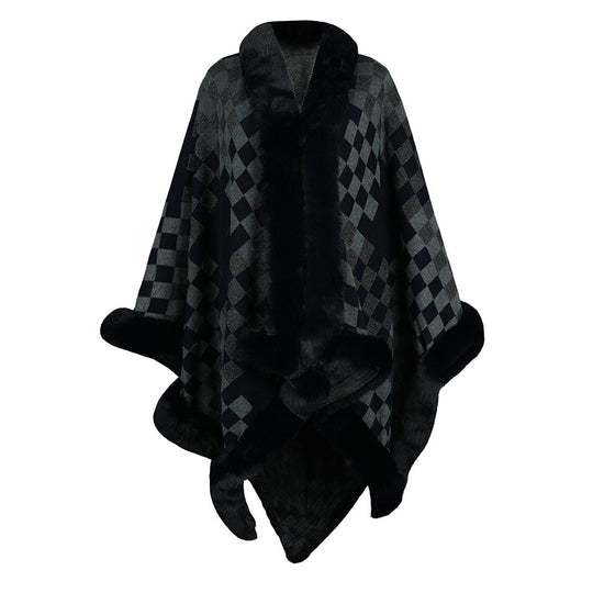 Damen eleganter Strickponcho mit luxuriösem Kunstfellbesatz und geometrischem Muster R&B