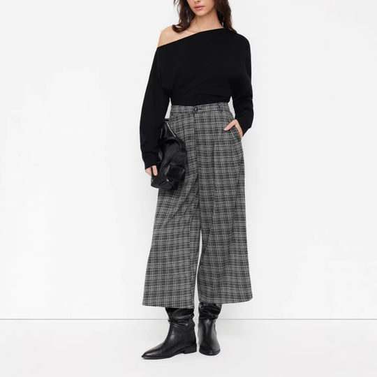 Damen weit geschnittene Karohose mit hochgerundetem Bund R&B