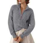 Damen Grobstrick Pullover mit Stehkragen und halbem Reißverschluss R&B