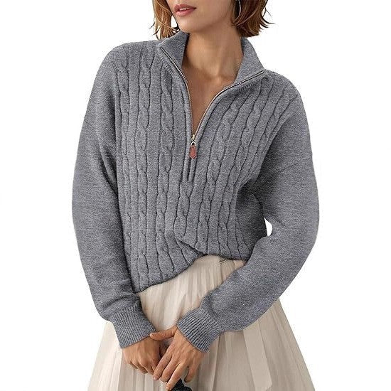 Damen Grobstrick Pullover mit Stehkragen und halbem Reißverschluss R&B